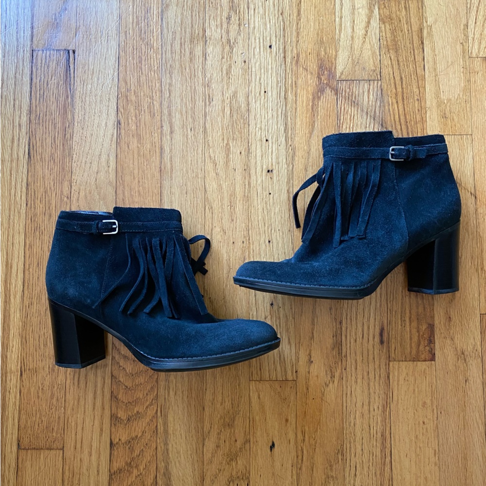 Naturalizer dark blue suede ankle boots heel tassels comfortable frayed 7.5 zip